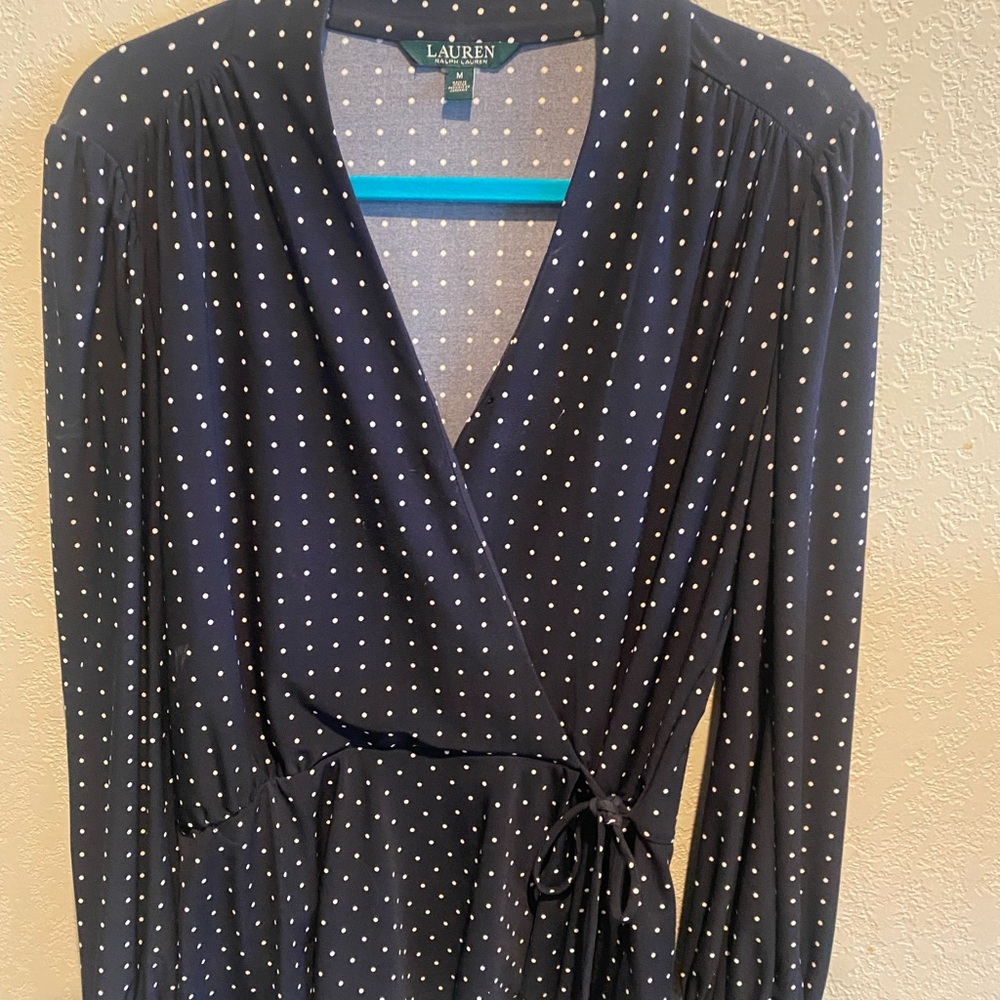 Ralph Lauren, navy polka dot, peplum top. Great condition! Sz medium